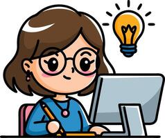Cute Cartoon Girl Working at Computer with Lightbulb Idea Illustration vector