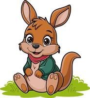 Cute Cartoon Kangaroo Sitting on Grass in Green Jacket and Red Scarf Art vector