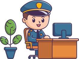 Cartoon Policeman Working at Desk with Computer in Office Setting vector
