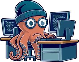 Cartoon Octopus Programmer at Dual Monitors with Glasses and Beanie vector