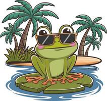 Cool Sunglasses-Wearing Frog on Lily Pad with Tropical Palm Trees vector