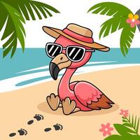 Cool Flamingo with Sunglasses Relaxing on Tropical Beach vector