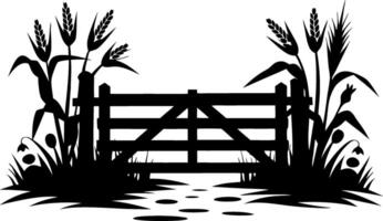Rustic Farm Gate Silhouette with Wheat and Wildflowers Illustration vector