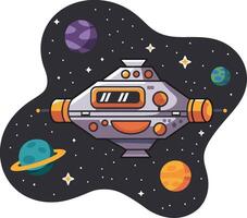 Colorful Cartoon Spaceship Flying Through Outer Space with Planets and Stars vector