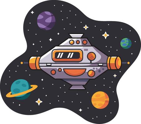 Colorful Cartoon Spaceship Flying Through Outer Space with Planets and Stars