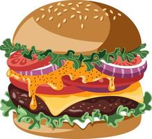 Delicious Cheeseburger Illustration with Lettuce Tomato and Onions vector