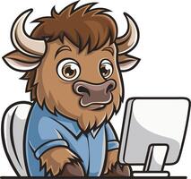Cartoon Buffalo in Office Attire Working at Computer Illustration vector