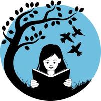 Girl Reading Under Tree with Birds in Peaceful Nature Scene Illustration vector