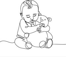 Minimalist Line Art of Baby Hugging Teddy Bear for Nursery Decor and Parenting Themes vector