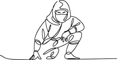 Ninja Squatting in Line Art Illustration Symbolizing Stealth and Focus vector