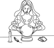 Mystical Fortune Teller Line Art with Crystal Ball and Cards vector