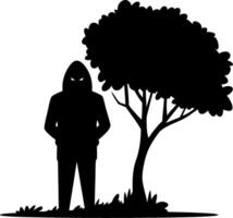 Mysterious Hooded Figure Silhouette by Tree Art for Suspenseful Concepts vector