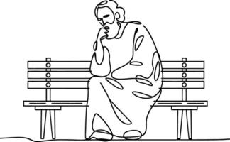 Minimalist One Line Art of Thoughtful Person on Bench Contemplation Concept vector