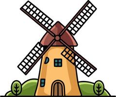 Rustic Windmill Illustration with Greenery and Blue Sky Background vector