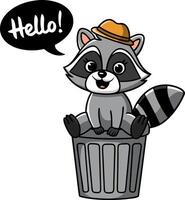 Cute Cartoon Raccoon Saying Hello from Trash Can with Speech Bubble vector