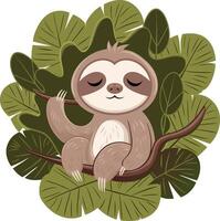 Cute Relaxed Sloth Sleeping on Tree Branch Surrounded by Green Leaves Illustration vector