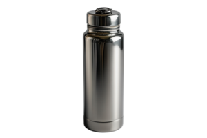 Sleek stainless steel water bottle on a minimalistic background emphasizing modern design and functionality png