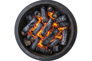 Glowing charcoal embers in a round fire pit creating a warm ambiance for outdoor gatherings at twilight png