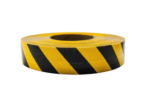 Caution tape roll with black and yellow stripes for safety and construction use in various areas png
