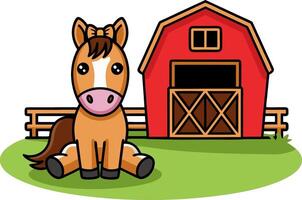 Cute Cartoon Horse with Red Barn on Farm Illustration vector