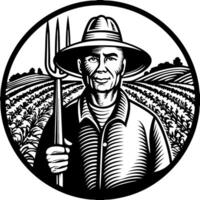 Farmer with Pitchfork in Field Emblem Illustration for Agriculture vector
