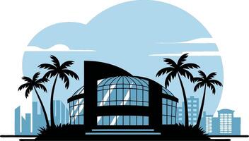 Modern Tropical Cityscape with Dome Building and Palm Trees Illustration vector