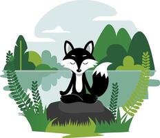 Meditating Fox in Tranquil Forest Art with Greenery and Lake vector