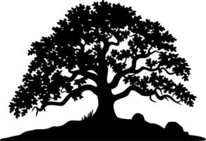 Majestic Oak Tree Silhouette on Hill with Rocks vector