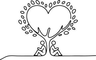 Heart Shaped Tree with Seated Figures Symbolizing Love and Unity in Simple Line Art vector
