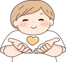 Smiling Child Offering Kindness with Open Hands and Heart Symbol on Shirt png