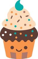 Cute Kawaii Cupcake Dessert with Smiling Face and Colorful Sprinkles vector