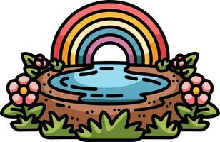 Colorful Rainbow Over Tranquil Pond with Flowers Illustration vector