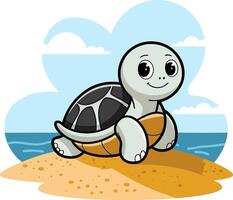 Cute Cartoon Turtle on Sandy Beach with Ocean and Cloudy Sky Background Illustration vector
