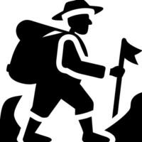 Silhouette of Adventurous Hiker Climbing Mountain with Backpack and Walking Stick Art vector