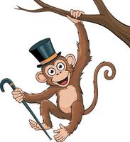 Playful Cartoon Monkey Hanging on Branch with Top Hat and Cane vector