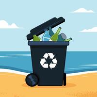 Recycling Bin with Bottles on Beach for Environmental Conservation vector