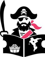 Pirate Cartoon Reading Treasure Map with Sword and Eye Patch vector