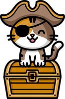 Pirate Cat Cartoon with Eye Patch and Treasure Chest vector