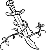 Sword with Vines Entwined Black and White Illustration vector