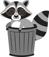 Cool Sunglasses Raccoon Peeking from Trash Can Illustration vector