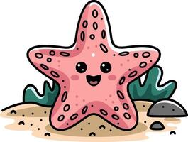 Cute Smiling Starfish Character on Sandy Beach with Ocean Elements Art vector