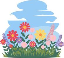 Colorful Wildflowers in Bloom Illustration with Blue Sky and Greenery vector