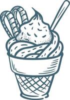 Delicious Hand Drawn Ice Cream Cone with Waffle and Toppings Illustration vector