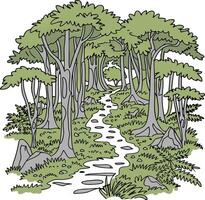 Dense Forest Pathway with Lush Greenery and Winding Trail Illustration vector