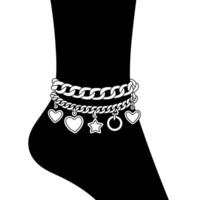 Elegant Charm Bracelet on Ankle Silhouette with Heart Star Shapes vector