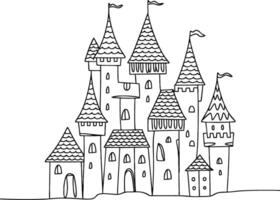 Fantasy Castle Outline Illustration with Tall Spires and Flags for Storybook or Fairytale Design vector