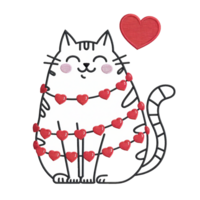 A cute striped cat is adorned with a string of red heart-shaped decorations, and a large red heart hovers above its head cutouts png