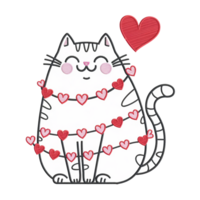 A striped cat is adorned with a string of red heart-shaped decorations, and a large red heart hovers above its head cutouts png
