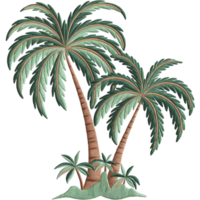 Two embroidery palm trees with lush, green fronds sway gently, accompanied by smaller plants at their base cutouts png