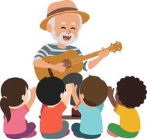 Elderly Man Playing Guitar for Happy Children in a Fun Learning Environment vector